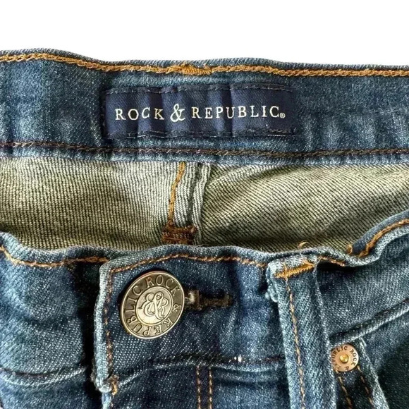 Rock & Republic Kasandra Bootcut Jeans Sz 8M Dark Wash Blue Distressed Studded - Picture 2 of 16